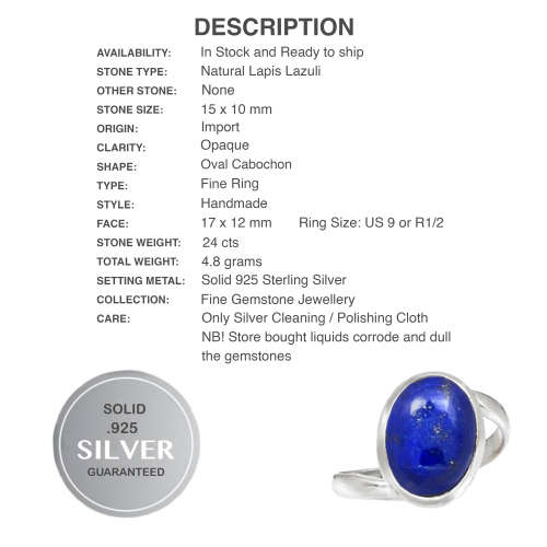 Natural Lapis Lazuli Oval Gemstone set in  Solid .925 Sterling Silver Ring Size US 9 / R1/2