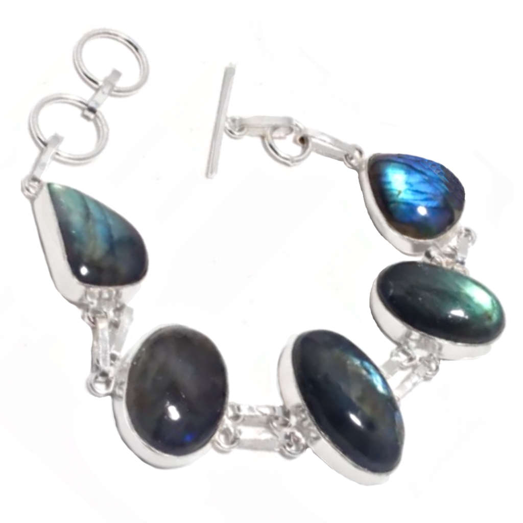 Natural Blue Fire Labradorite Gemstone .925 Sterling Silver Bracelet