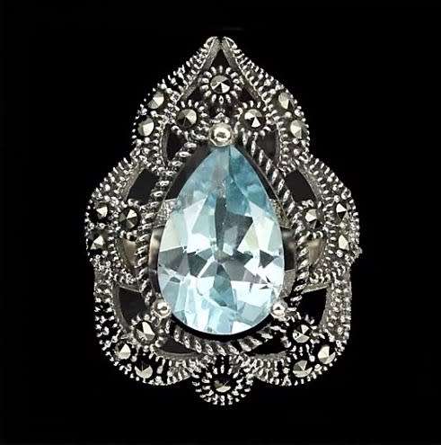 Natural Pear Shape Sky Blue Topaz Marcasite Solid .925 Sterling Silver Size 7 OR O