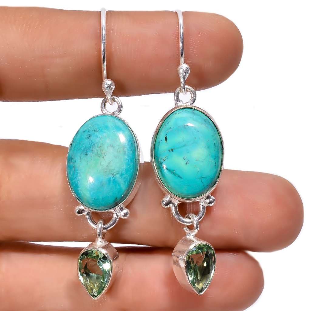 Handmade Turquoise and Green Amethyst Gemstone . 925 Silver Earrings
