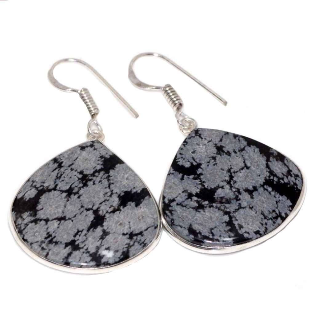 Natural Snowflake Obsidian Pear Gemstone set in .925 Sterling Silver Plated Handmade Earrings