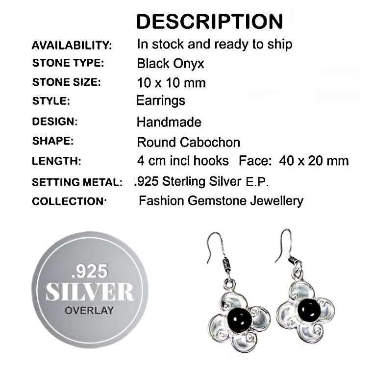 Black Onyx Gemstone Oval Cabochon and .925 Silver Dangle Drop Earrings
