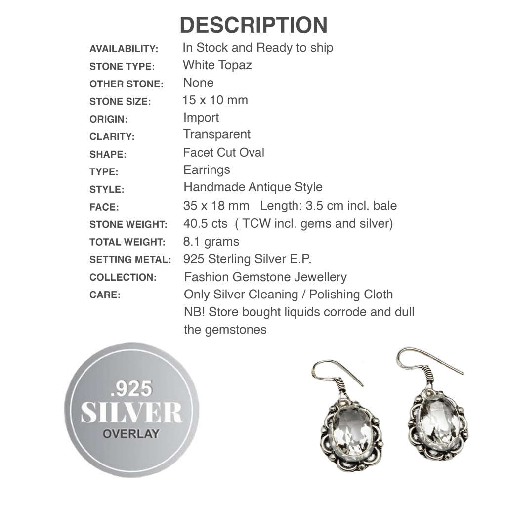 Handmade Antique Style White Topaz Gemstone .925 Sterling Silver Earrings
