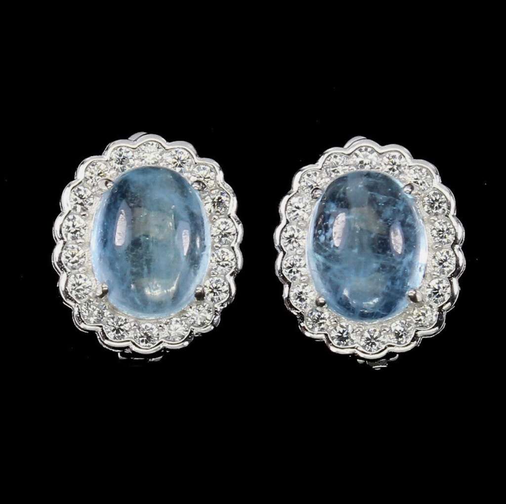 Natural Unheated Aquamarine Oval and White CZ Gemstone Solid .925 Sterling Silver Stud Earrings
