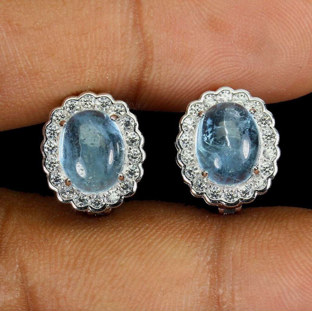 Natural Unheated Aquamarine Oval and White CZ Gemstone Solid .925 Sterling Silver Stud Earrings