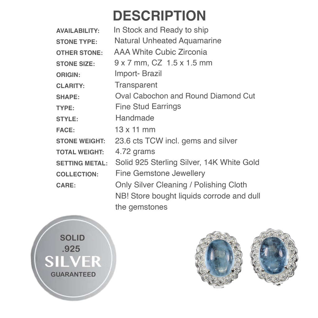 Natural Unheated Aquamarine Oval and White CZ Gemstone Solid .925 Sterling Silver Stud Earrings