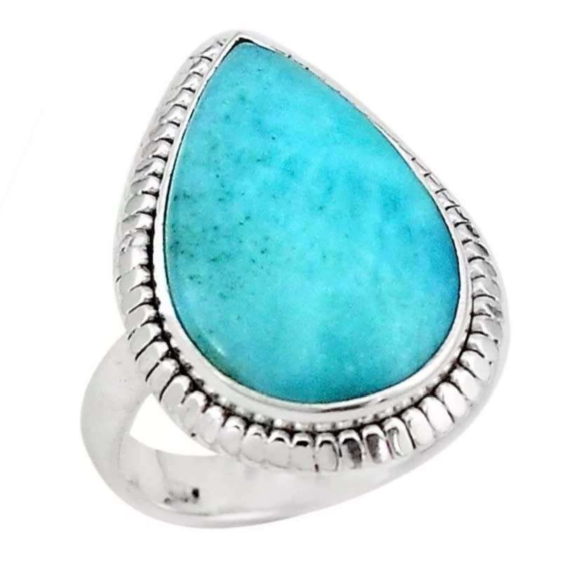 20 x 12 mm Natural Caribbean Blue Larimar Pear set in Solid .925 Sterling Silver Ring Size 6.5 or N