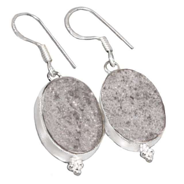 Lovely Oval Shape Silver Druzy Gemstone .925 Sterling Silver Earrings