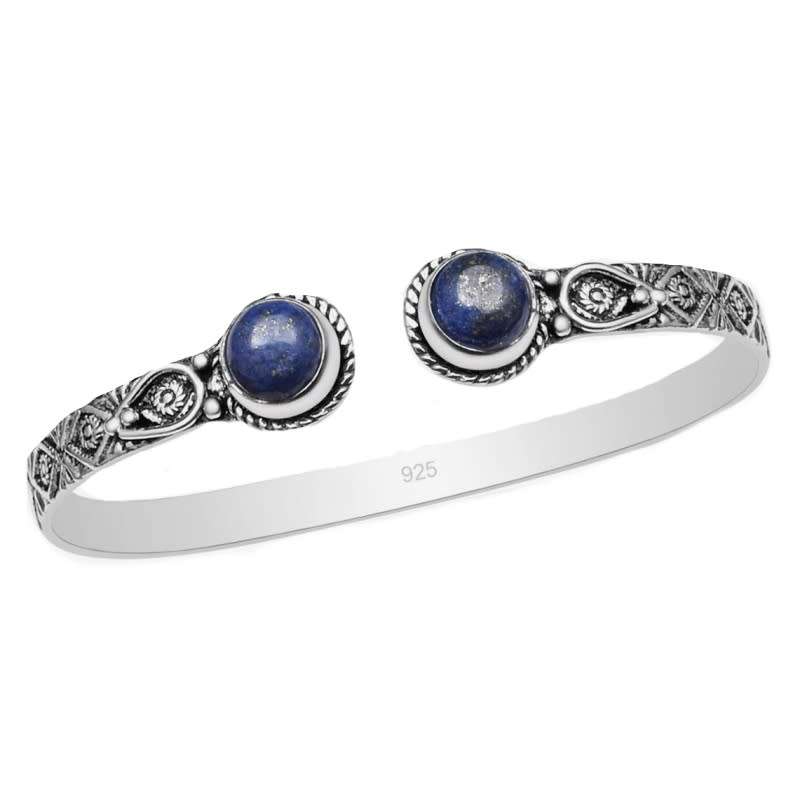 Natural Lapis Lazuli Round Gemstones .925 Sterling Silver Adjustable Bangle