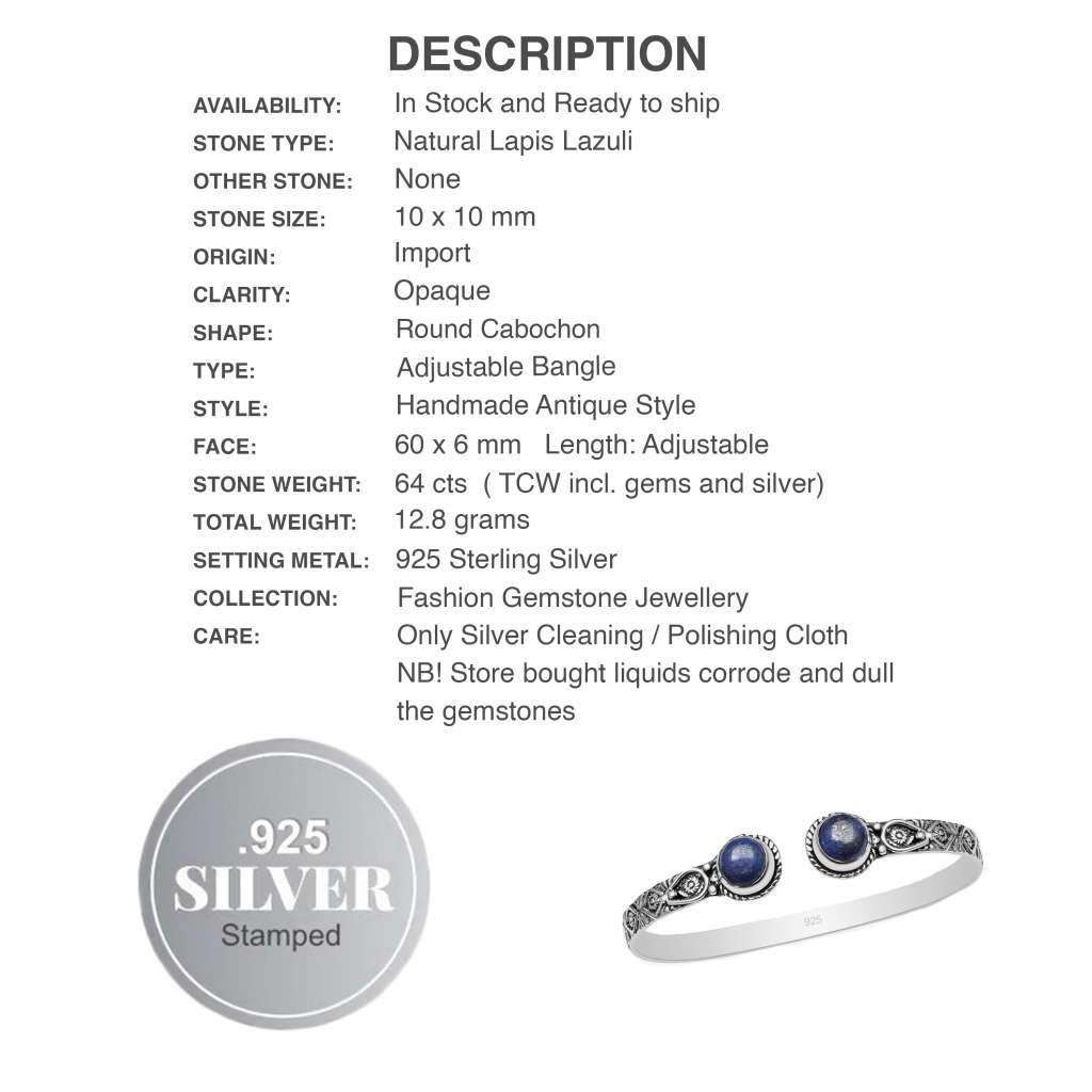 Natural Lapis Lazuli Round Gemstones .925 Sterling Silver Adjustable Bangle