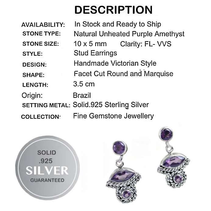 Natural Purple Amethyst Gemstone set in Solid .925 Sterling Silver Handmade Earrings
