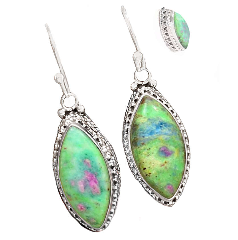 Bali Design Natural Marquise Ruby in Fuchsite Gemstone Set in Solid .925 Sterling Silver Earrings