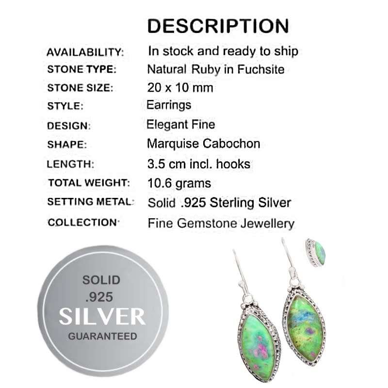Bali Design Natural Marquise Ruby in Fuchsite Gemstone Set in Solid .925 Sterling Silver Earrings