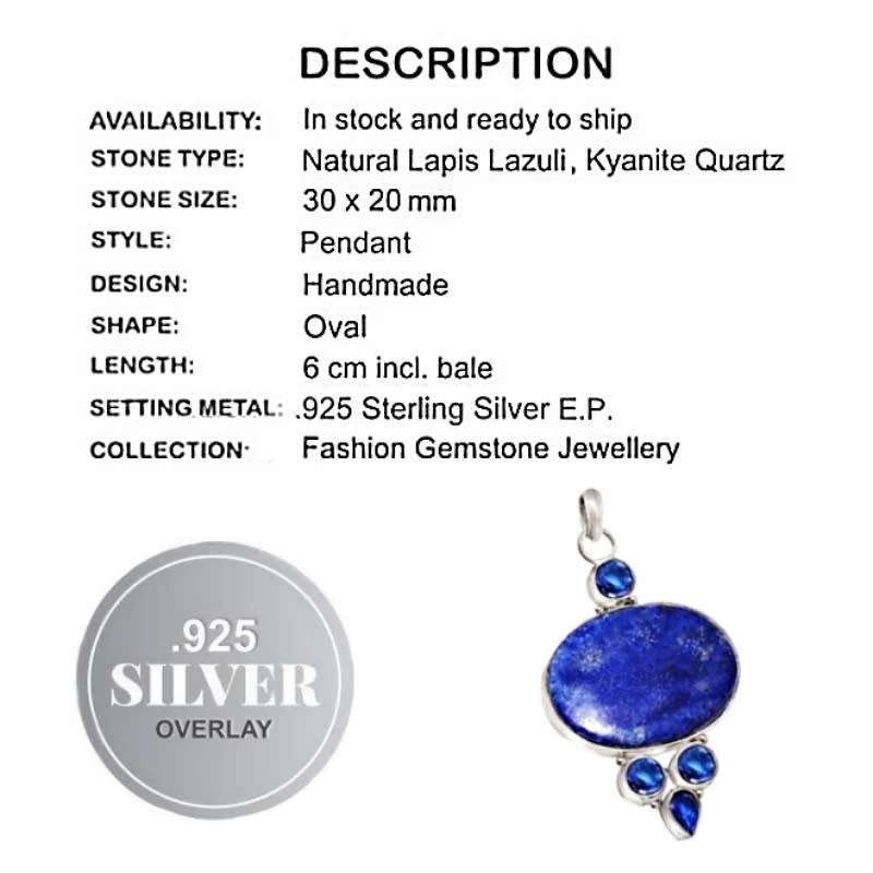 Natural Lapis Lazuli, Kyanite Quartz  .925 Silver Pendant