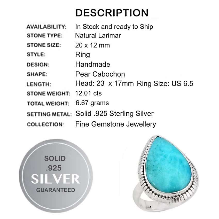 20 x 12 mm Natural Caribbean Blue Larimar Pear set in Solid .925 Sterling Silver Ring Size 6.5 or N