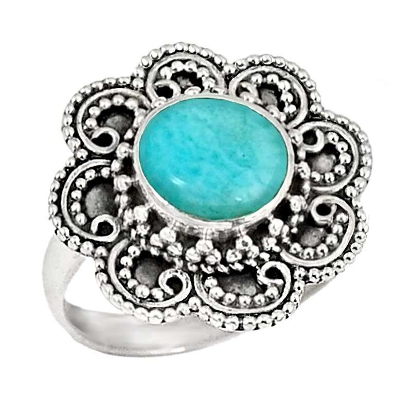 Natural Caribbean Larimar Round Gemstone in Antique Style Solid .925 Sterling Silver Ring Size 6 /M