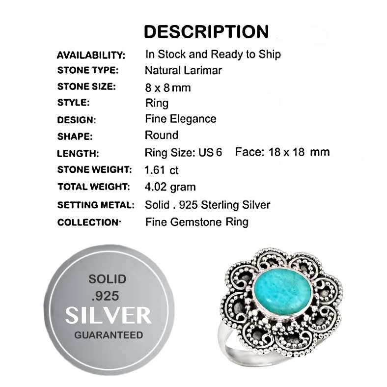 Natural Caribbean Larimar Round Gemstone in Antique Style Solid .925 Sterling Silver Ring Size 6 /M