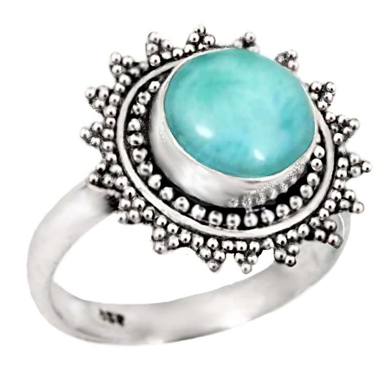 Natural Caribbean Larimar Round Gemstone set in Solid .925 Sterling Silver Ring Size US 7.5 or P