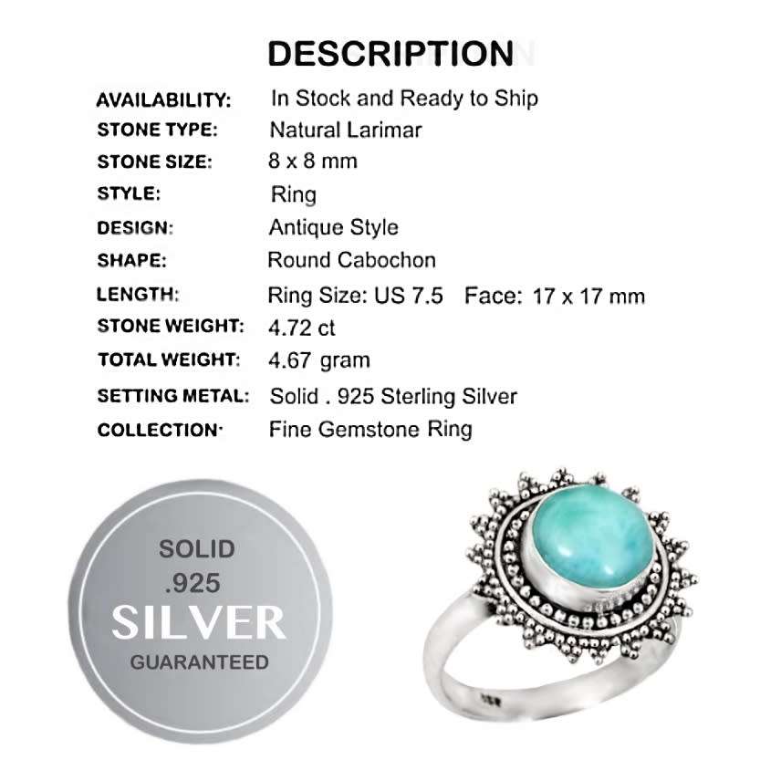 Natural Caribbean Larimar Round Gemstone set in Solid .925 Sterling Silver Ring Size US 7.5 or P