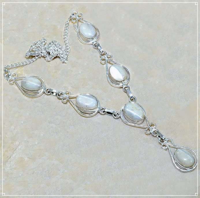Natural Mother of Pearl Ovals Set in .925 Sterling Silver Plated Elegant Handmade Necklace