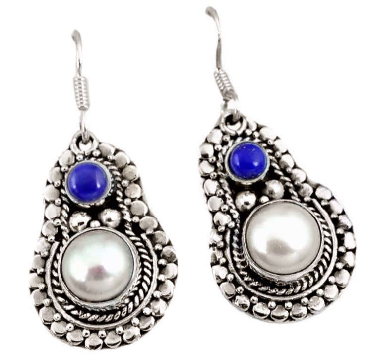 Natural White Pearl, Lapis Lazuli Gemstone set in Solid .925  Sterling Silver Earrings