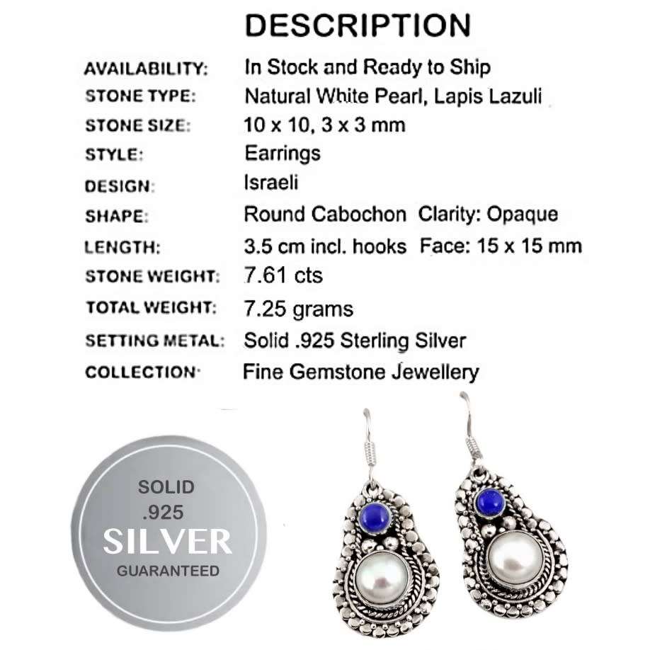 Natural White Pearl, Lapis Lazuli Gemstone set in Solid .925  Sterling Silver Earrings