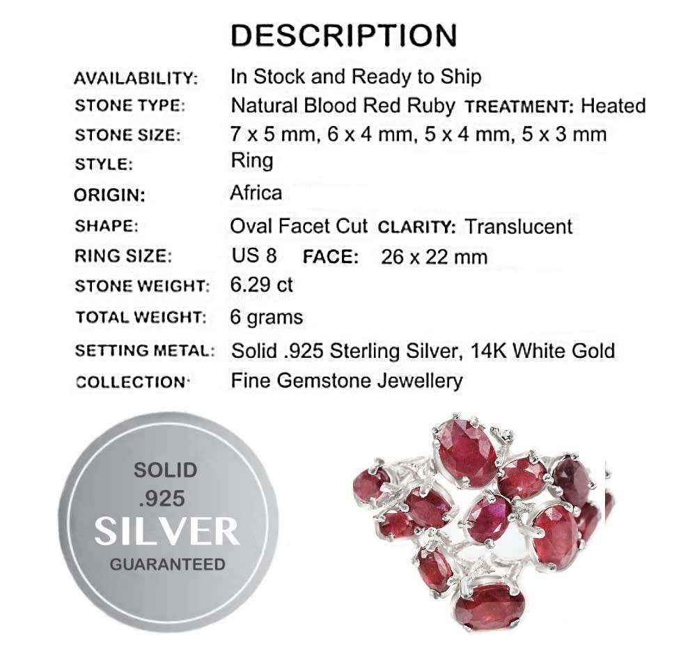 6.29 ct Genuine Blood Red Ruby Gemstone  set in .925 Solid Sterling Silver Ring Size 8 or Q