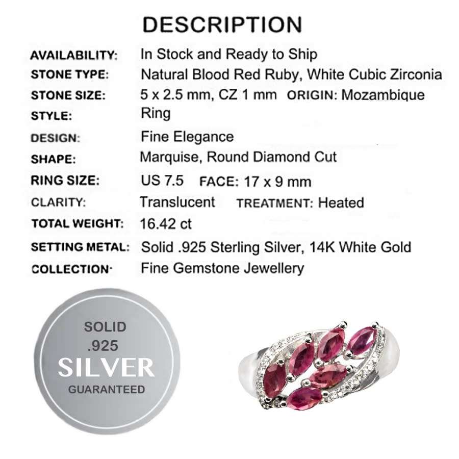 Natural Ruby and White Cubic Zirconia Gemstone Solid .925 Sterling Silver Ring Size Us 7.5 or P