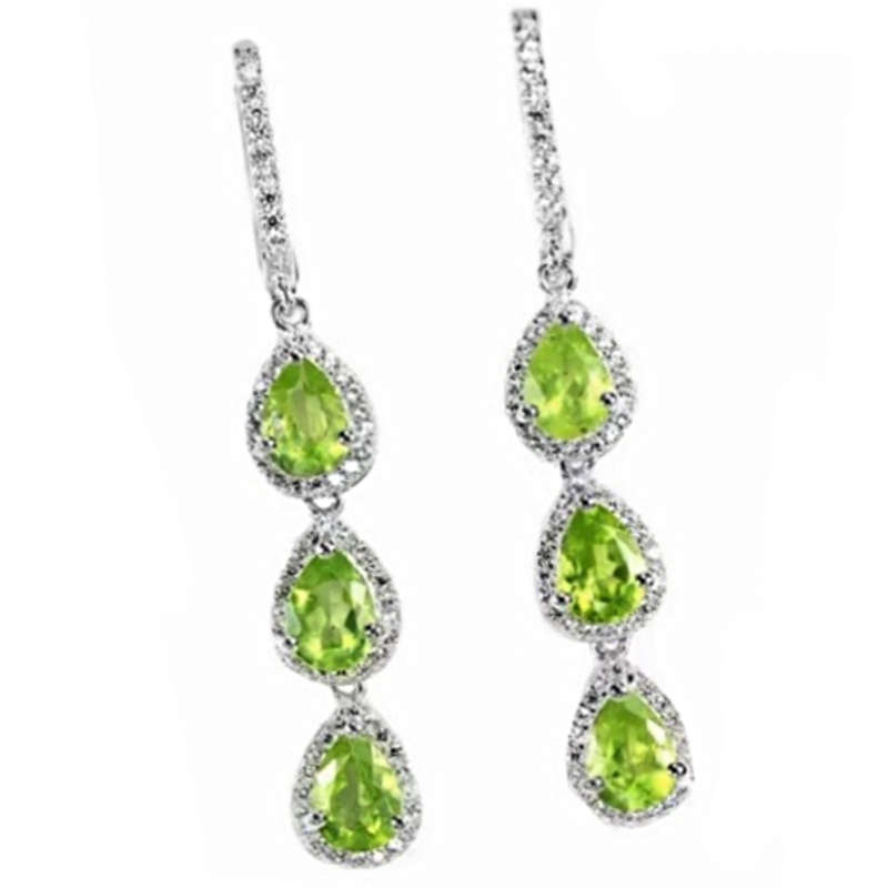 Natural Unheated Peridot, White CZ Gemstone Solid .925 Sterling Silver 14KW/Gold Earrings