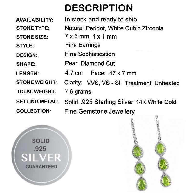 Natural Unheated Peridot, White CZ Gemstone Solid .925 Sterling Silver 14KW/Gold Earrings