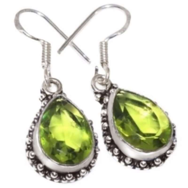 Handmade Antique Style Peridot Pear Gemstone .925 Silver Earrings