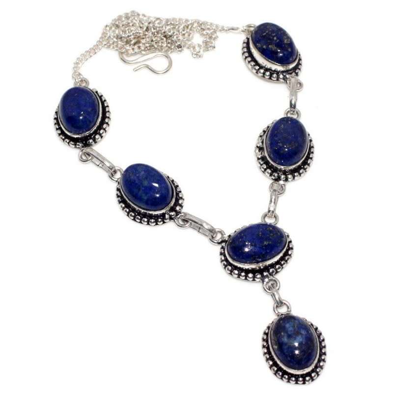 Natural Lapis Lazuli Ovals set in .925 Sterling Silver Plated Antique Style Necklace