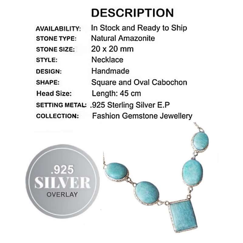 Natural Aqua Green Amazonite Square Gemstones in 925 Sterling Silver Plated Necklace