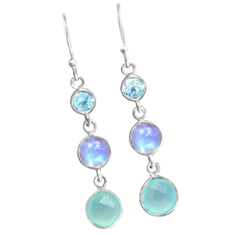 Natural Unheated Aqua Chalcedony, Blue Topaz , Rainbow Moonstone Gemstone Solid .925 Silver Earri