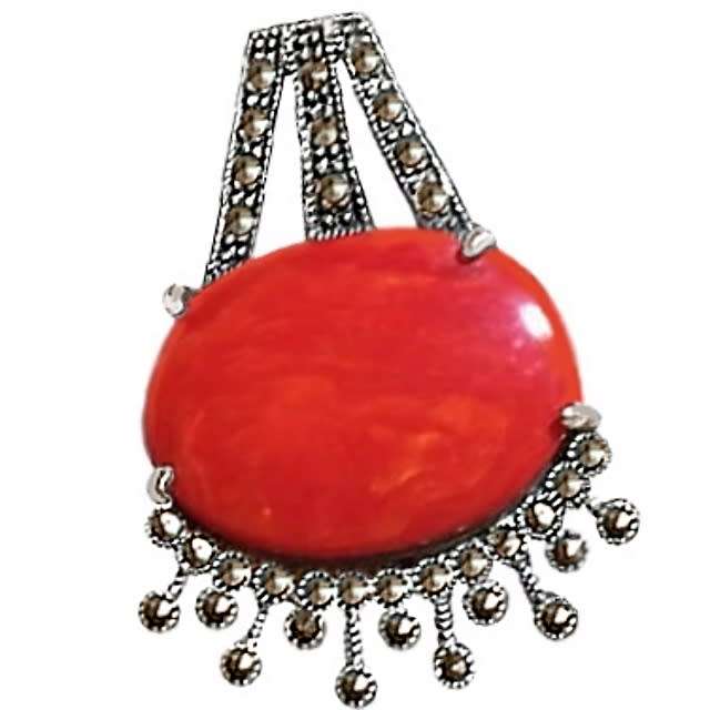 Victorian Style Natural Red Coral and Marcasite set in Solid .925 Sterling Silver Pendant
