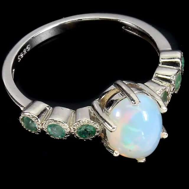 Natural Unheated Ethiopian Fire Opal and Emerald in Solid .925 Sterling Ring Size 8 or Q