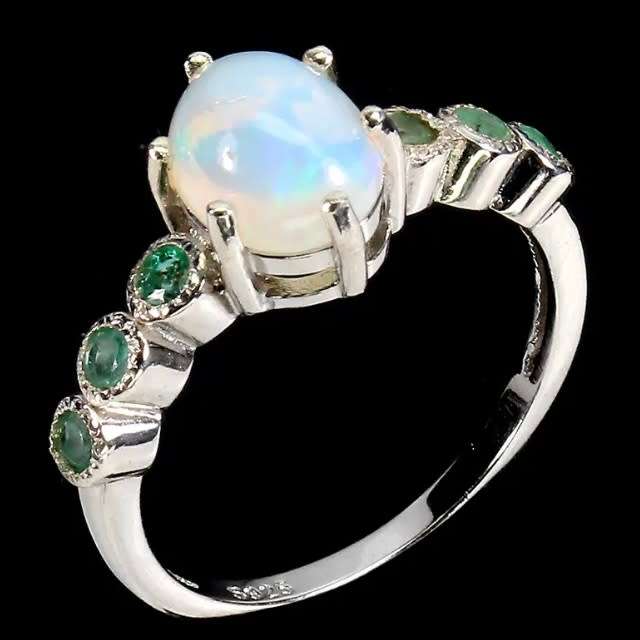 Natural Unheated Ethiopian Fire Opal and Emerald in Solid .925 Sterling Ring Size 8 or Q