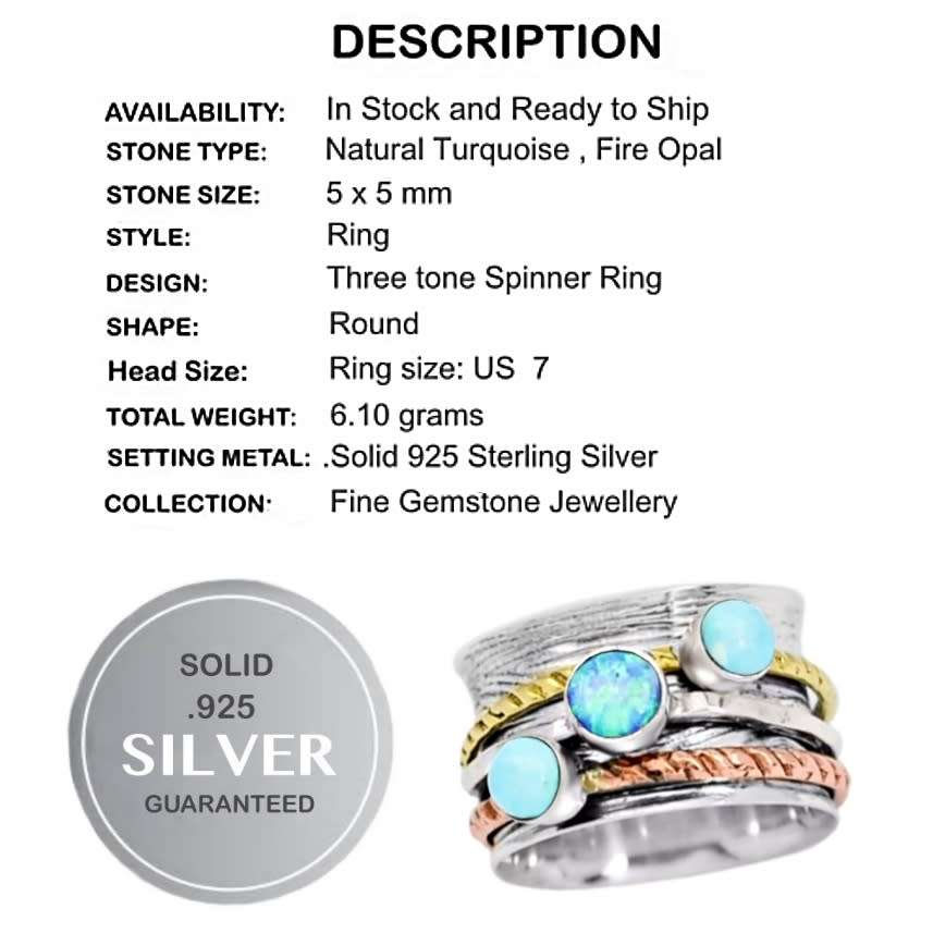 Victorian Two Tone Spinner Ring Natural Turquoise Fire Opal Gemstone Solid .925 Silver Size 7 or O