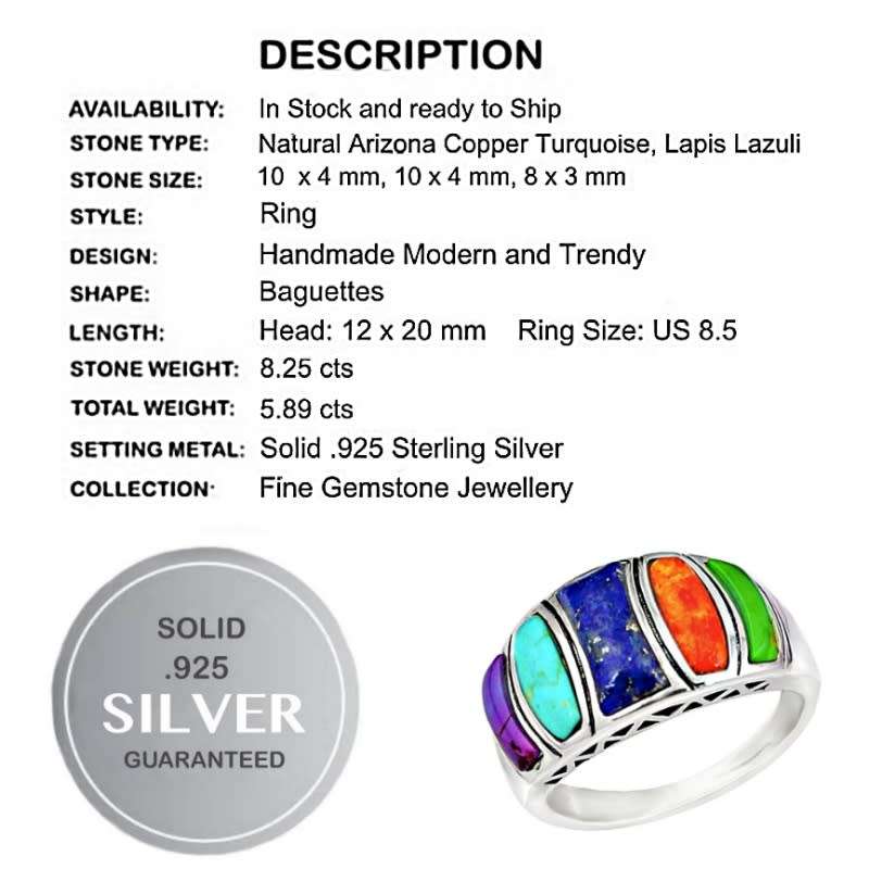 Natural South Western Arizona Turquoise and Lapis Lazuli in Solid .925 Sterling Silver Ring size 8.5