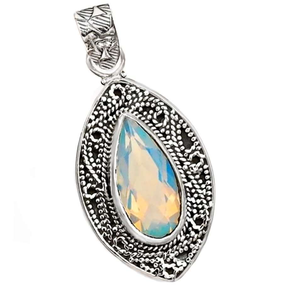 8 Ct Fire Opalite Gemstone set in Solid .925  Sterling Silver Antique Style Setting Pendant