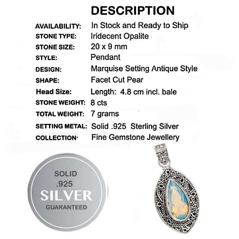 8 Ct Fire Opalite Gemstone set in Solid .925  Sterling Silver Antique Style Setting Pendant