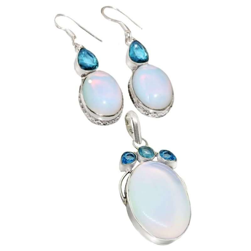 Gorgeous Opalite, Blue Topaz Gemstone .925 Silver Pendant and Earrings Set