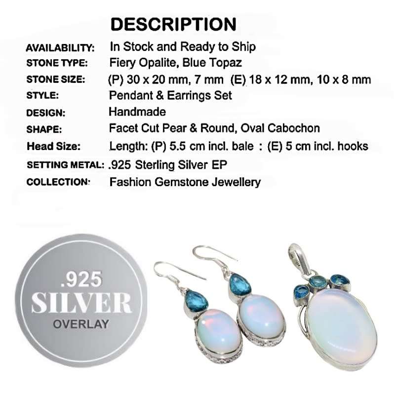 Gorgeous Opalite, Blue Topaz Gemstone .925 Silver Pendant and Earrings Set