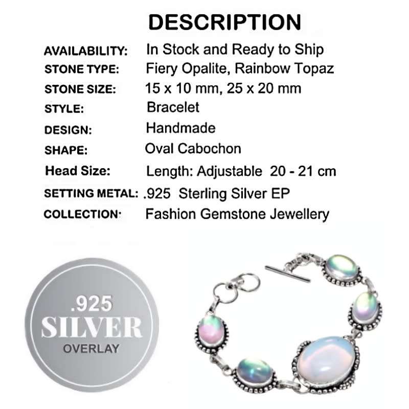 Aqua/Pink Rainbow Topaz and Fiery Opalite Silver Bracelet