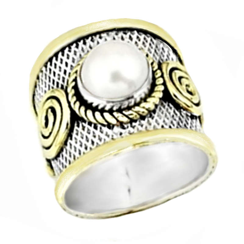 Two Tone Natural White Pearl set in Solid .925 Sterling Silver Victorian Style Ring Size 8.5 or Q1/2