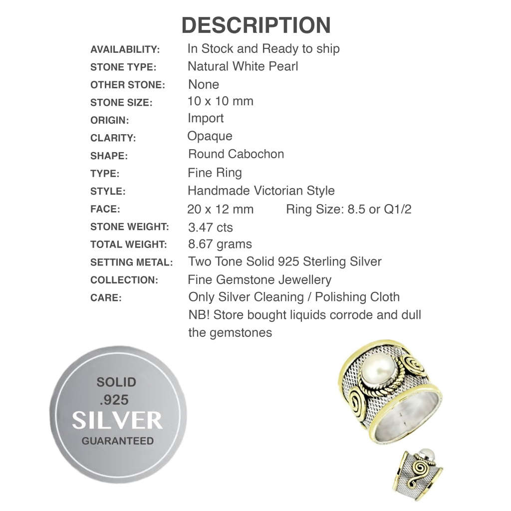 Two Tone Natural White Pearl set in Solid .925 Sterling Silver Victorian Style Ring Size 8.5 or Q1/2