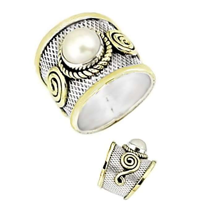 Two Tone Natural White Pearl set in Solid .925 Sterling Silver Victorian Style Ring Size 8.5 or Q1/2