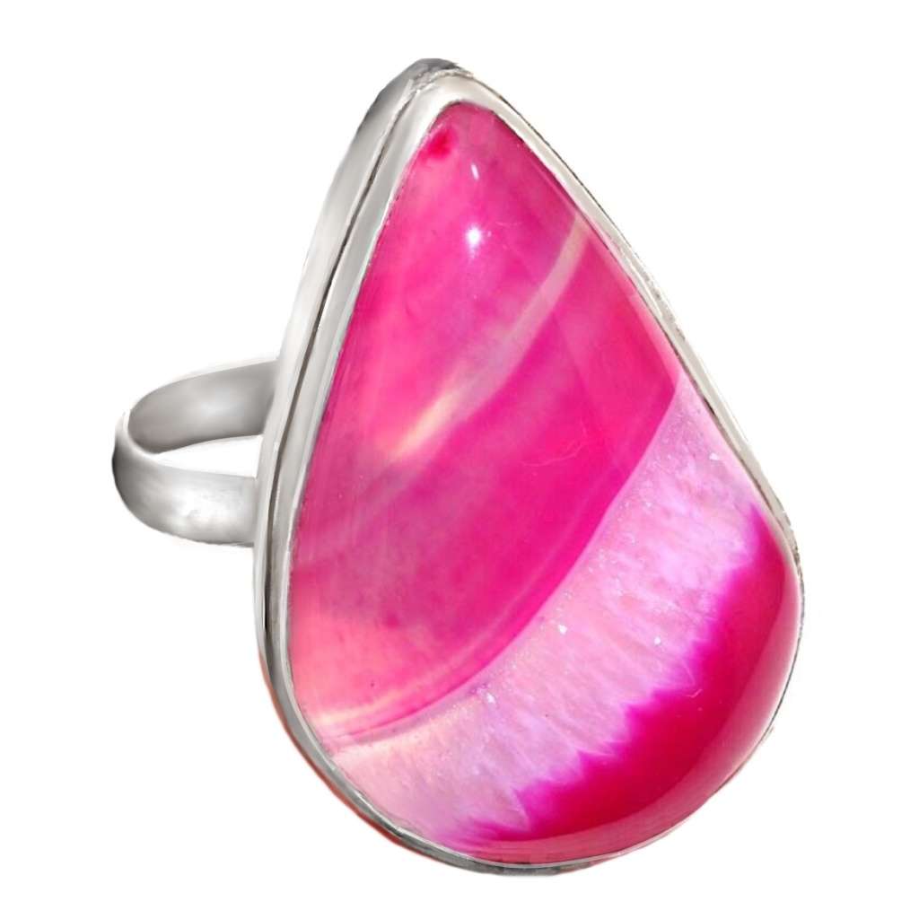 Natural Pink Lace Botswana Agate Pear Gemstone .925 Sterling Silver Plated Handmade Ring Size 8 / Q