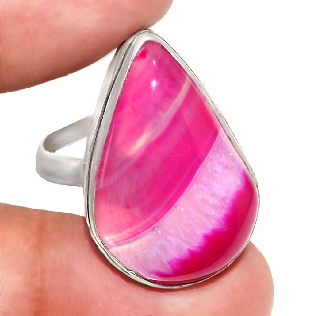 Natural Pink Lace Botswana Agate Pear Gemstone .925 Sterling Silver Plated Handmade Ring Size 8 / Q
