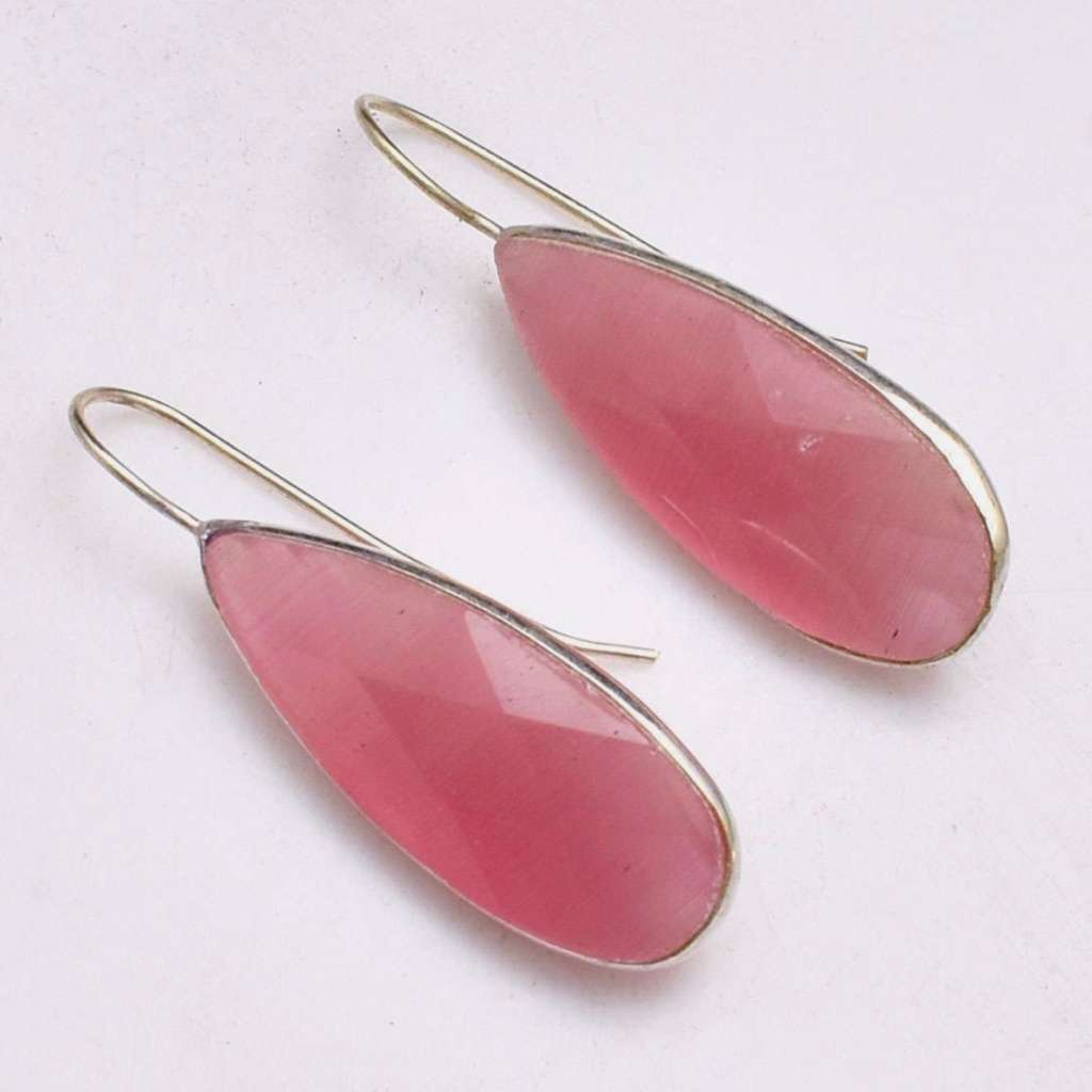 Pink Cats Eye Pear Shape set in .925 Sterling Silver Plated Handmade Earrings